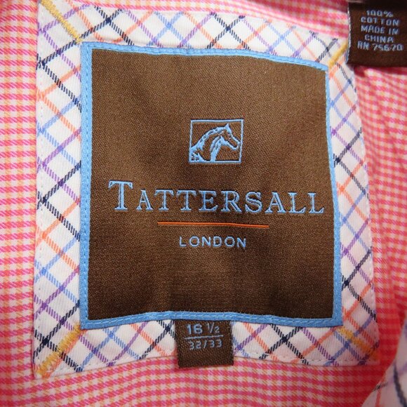 Tattersall London Shirt Mens Size 16 1/2 Pink Check Long Sleeve Button Up‎ - Picture 4 of 9